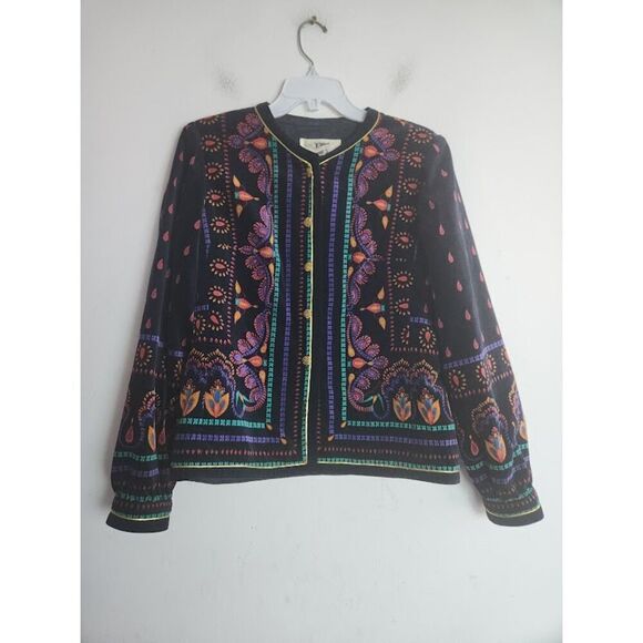 Saxton Hall Women Black w/Multicolor Pattern Gold Button Velvet Jacket size 8 - Picture 1 of 11